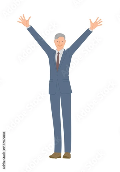 Fototapeta ビジネススーツを着た笑顔のシニア男性：両手を上げてバンサイ
