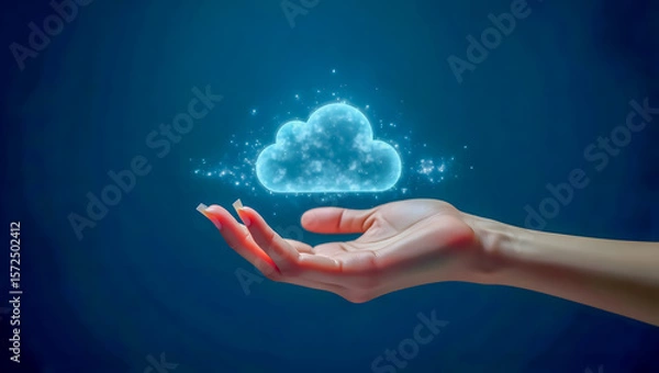 Fototapeta Human Hand Interacting with Holographic Cloud Storage Interface in 4K