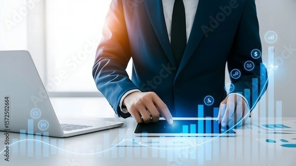 Fototapeta Businessman analyzing financial data on a tablet, showing growth and progress