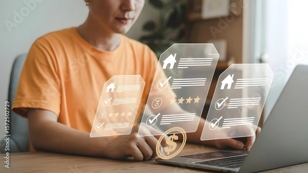 Fototapeta Person reviewing a checklist on their laptop, with house icons and dollar signs appearing on the screen, suggesting real estate or financial planning