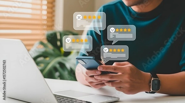 Fototapeta A man is checking customer reviews on his smartphone, with feedback bubbles showing star ratings and comments, highlighting online feedback and customer satisfaction