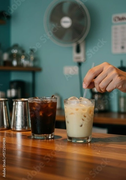 Obraz A person's hand places a straw into a cold latte next to an iced coffee on a wooden bar counter. Refreshing drink for hot summer day and heat relief concept.