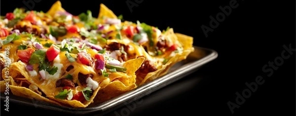 Fototapeta Loaded Nachos Platter: A delectable platter of loaded nachos, overflowing with melted cheese, seasoned ground beef, pico de gallo, sour cream, and fresh cilantro, served on a dark background. 
