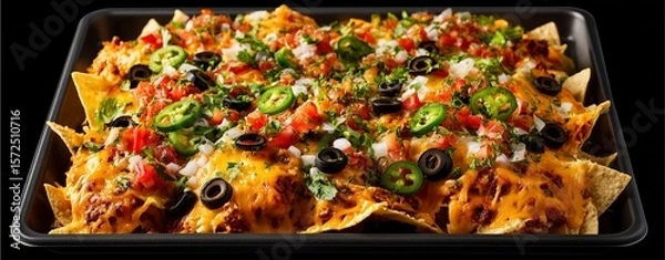 Fototapeta Nachos Extravaganza: A delectable tray of golden, crispy tortilla chips, generously loaded with layers of melted cheese, fresh toppings, and vibrant flavors. A feast for the senses!