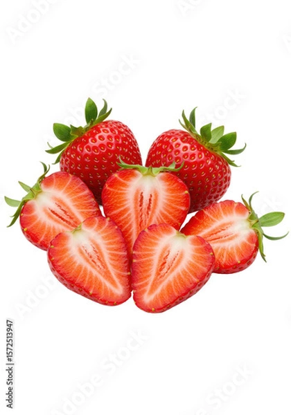 Fototapeta Vibrant red strawberries, whole and cross-sections, with green calyxes and tiny seeds, artfully arranged on a transparent background with copy space, hyper-realistic macro studio shot, overhead.