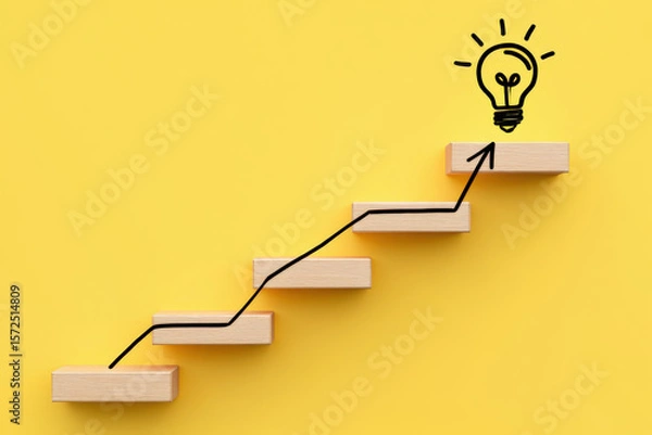 Obraz Ascending Steps to Innovation A Conceptual Journey of Growth and Progress Depicted by Wooden Blocks Leading to a Bright Idea Symbolized by a Lightbulb on Yellow Backdrop
