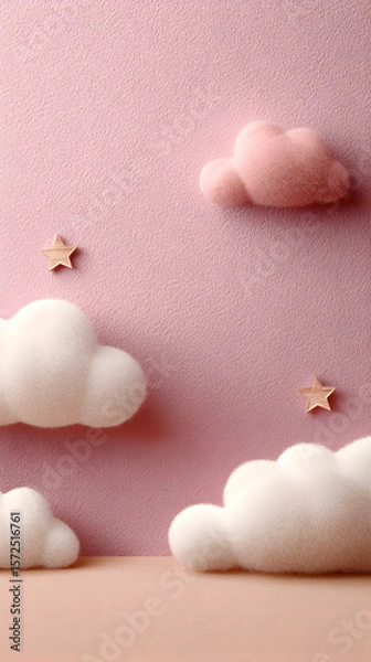 Obraz Soft fluffy clouds in pastel colors against a textured pink background, with decorative stars creating a whimsical atmosphere for creative design projects
