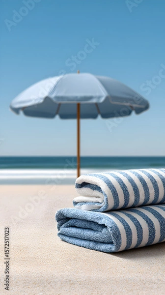 Obraz Striped beach towels neatly stacked on sandy shore, with a blue umbrella providing shade, creating a relaxing summer atmosphere by the ocean waves and clear sky