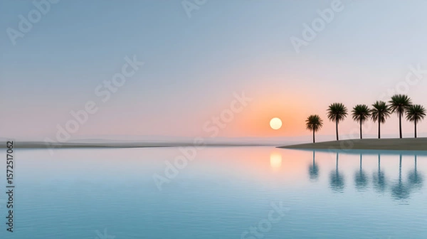 Obraz Serene landscape featuring tranquil water reflecting palm trees and a vibrant sunset, creating a peaceful atmosphere with soft colors and gentle waves enhancing the natural beauty