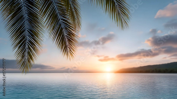 Obraz Tropical sunset over calm ocean waters, with palm leaves framing the scene, creating a serene atmosphere and inviting tranquility for relaxation and escape