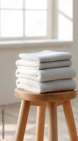 Obraz Soft, fluffy towels neatly stacked on a wooden stool in a bright, sunlit room, creating a serene and inviting atmosphere for relaxation and comfort