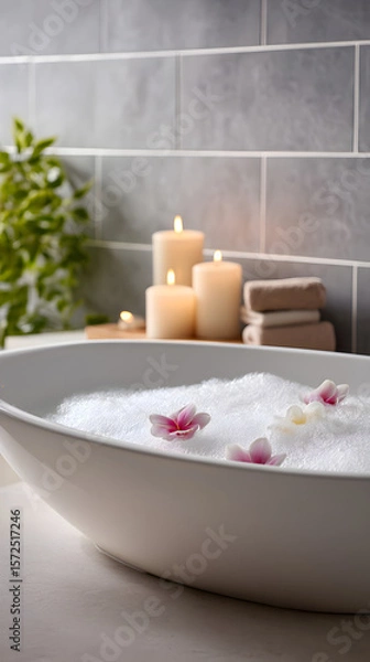 Obraz Elegant white bathtub filled with bubbles and floating flowers, surrounded by candles and towels, creating a serene and relaxing spa atmosphere for self-care and rejuvenation