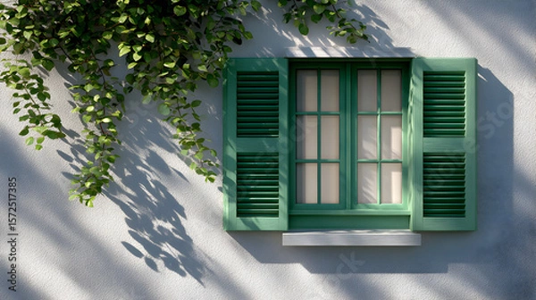 Obraz Green wooden window with shutters, surrounded by lush foliage, casting shadows on a textured wall, creating a serene and inviting atmosphere in a peaceful setting