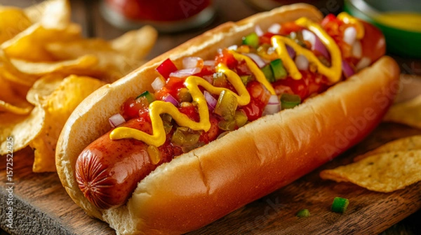Obraz A hot dog with a sausage in a soft bun. The sausage is covered with thick tomato sauce and garnished with pickled onions, mustard, and fresh herbs. Crispy chips are placed around the sausage.