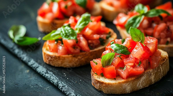 Obraz Crispy toasts decorated with fresh cherry tomatoes and basil. A summer dish perfect for a light breakfast or snack.