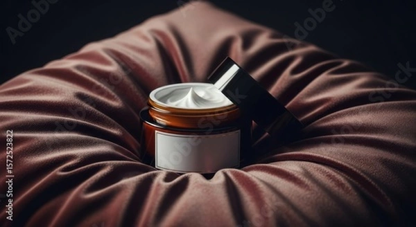 Obraz Open jar of white cream with lid on a wrinkled red fabric surface. Beauty cosmetic skin care product mockup with copy space.