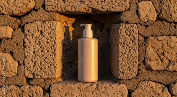 Obraz Blank beige display bottle standing on a stone ledge, sunlit. Natural cosmetic product mockup against ancient rocks.