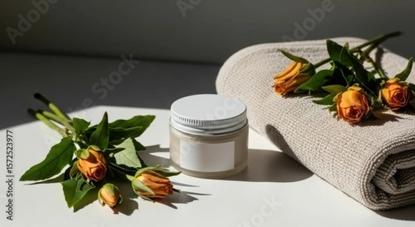 Obraz Cosmetic jar for beauty product mockup. Blank white label, no text. Skincare cream or lotion container for health and wellness. Top view.