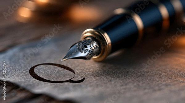 Obraz Close up of a silver pen resting on a sheet of paper with the letter Q4. Concept of GDP and Income Forecast. A metallic writing instrument and quarterly financial projection analysis.
