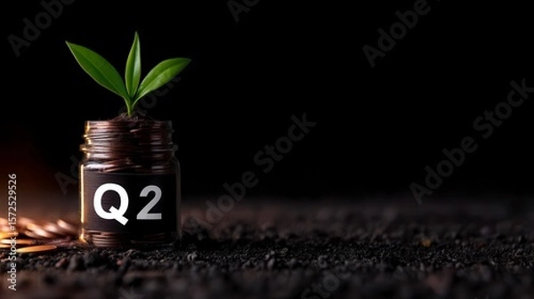 Obraz Financial quarter growth strategy with coin jar and green plant label q1 q2 q3 for investment planning and business profitability sustainability goal. Boosting investment returns