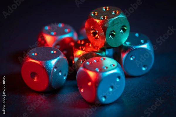 Fototapeta Colorful metallic dice view from above on black background