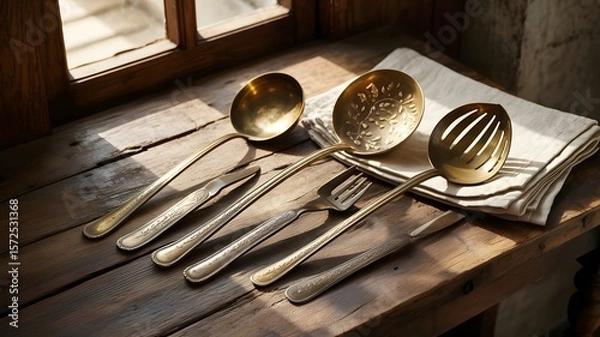 Obraz Elegant Gold Kitchen Utensils on Wooden Table with Natural Light
