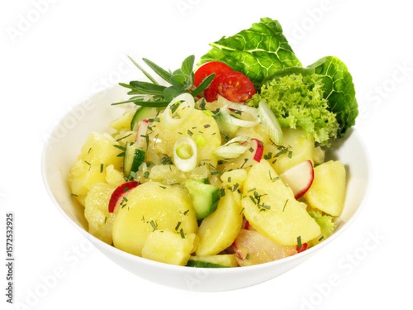 Fototapeta Potato Salad with Cucumber and Radish in a Bowl on Potato Salad with Bacon and Spring Onions in a Bowl on Transparent PNG Background