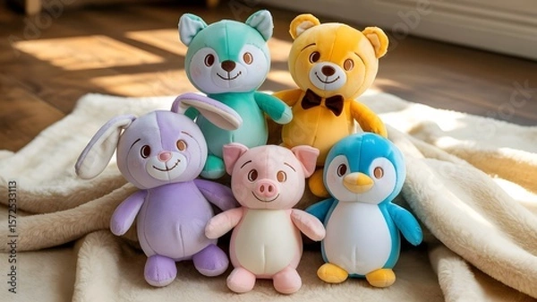 Obraz Group of Colorful Plush Toys on Soft Blanket Perfect for Children