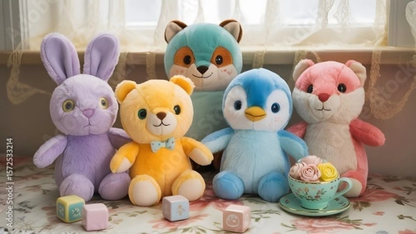 Obraz Pastel Plush Toy Friends with Tea Cup and Blocks on Floral Table