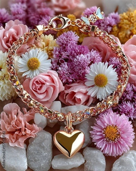 Fototapeta Multicolor heart charms on chain bracelet high resolution picture