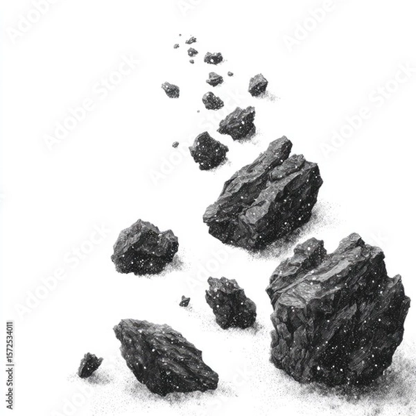 Fototapeta Charcoal fragments scattered, like debris