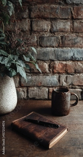 Fototapeta Rustic, warm desk scene with journal and mug