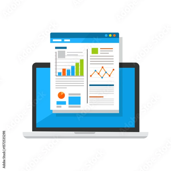 Fototapeta Flat vector of a laptop showing colorful analytics dashboard with bar, line, and pie charts. Clean, modern UI on white background.