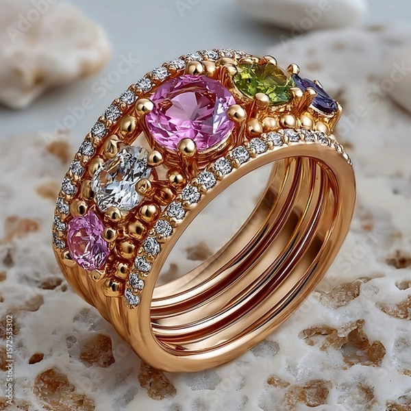 Fototapeta Multicolored gemstone rings stacked together high resolution picture