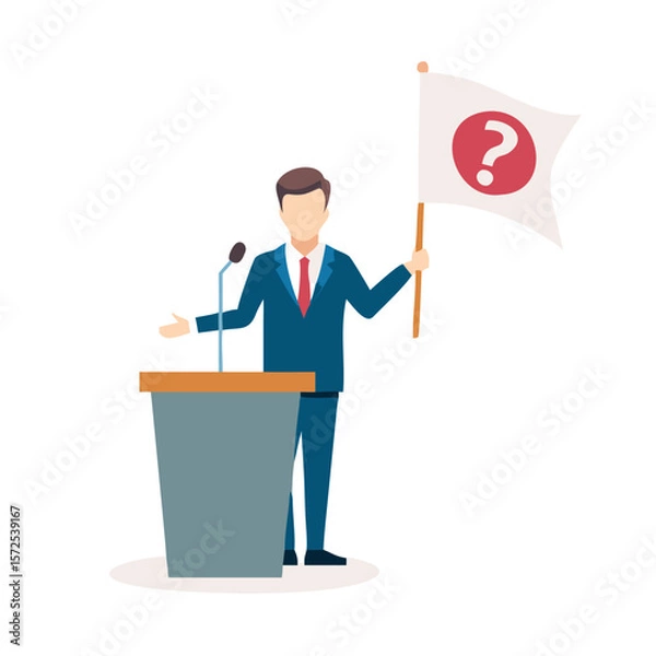 Obraz Man holding flag with question mark on podium