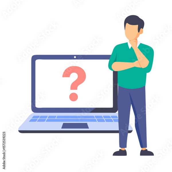 Obraz Man standing next to laptop with question mark on screen