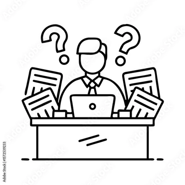 Obraz Confused businessman at desk with documents and question marks