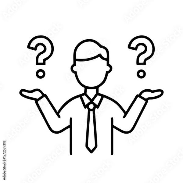 Obraz Confused man shrugging icon with question marks in outline style