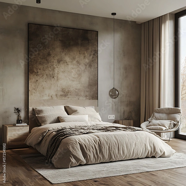 Obraz Sleek Scandinavian bedroom interior, muted palette, velvet fabrics, wood-heavy textures, professional render 