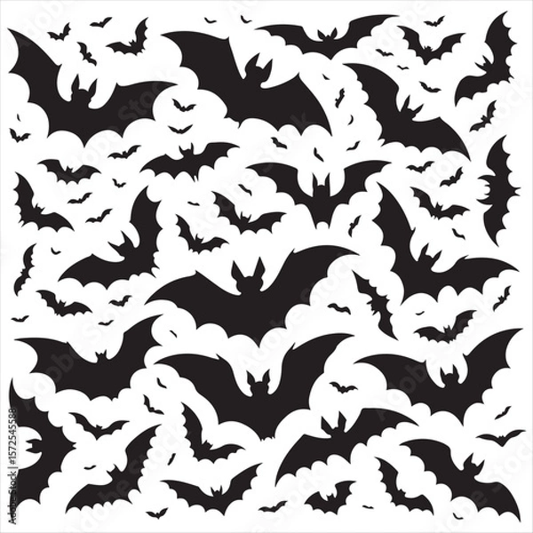 Obraz Spooky Halloween Bats Pattern Black Bats on White Background Illustration