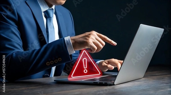 Obraz Businessman facing online alert, pointing at laptop displaying a red warning sign for potential risk assessment or caution.