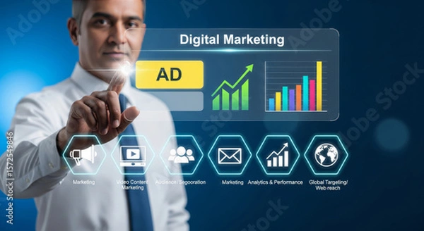 Obraz Futuristic Digital Marketing Dashboard with Advertising and Performance Chart –Business Tech Concept