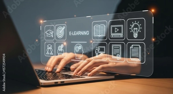 Obraz Futuristic E-learning Interface with Large Education on Laptop – Online Training Dashboard Concept