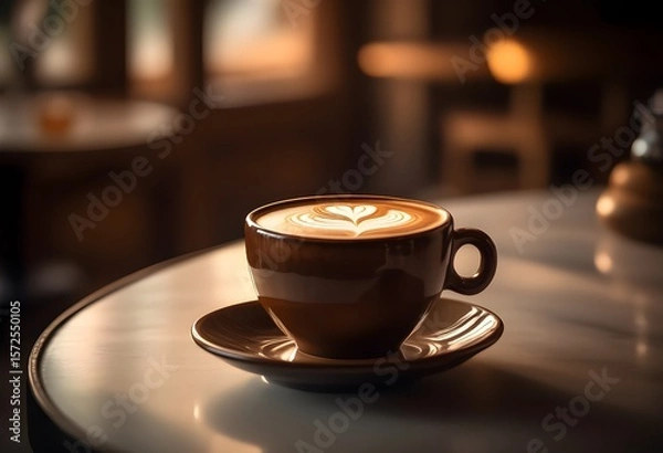 Fototapeta High-resolution photo with ceramic cup of coffee with saucer. Cappuccino. Americano. Flat white. Coffee latte. For editorial or commercial use. Coffee cup background. Cafe advertising. Espresso