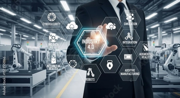 Obraz Futuristic Manufacturing with Industry 4.0 Hexagonal Tech Elements and Businessman Touchscreen