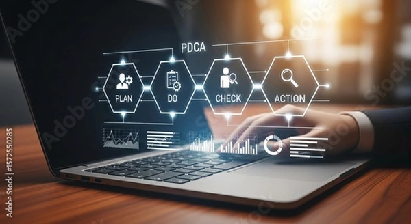 Obraz Futuristic PDCA Cycle Workflow Interface with Bold on Laptop – Plan Do Check Act Strategy Concept for Business Process Improvement