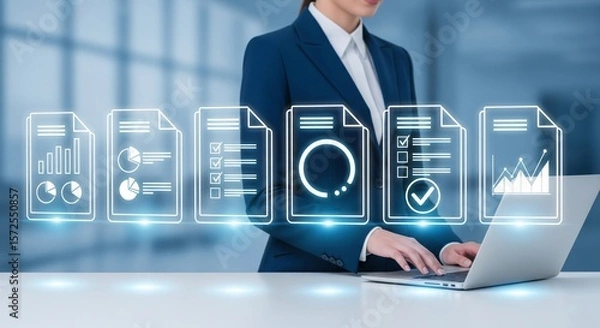 Obraz Holographic Digital Documents and Charts Interface – Businessman Using Laptop with Large Floating Checklist and Analytics Files in Corporate Office