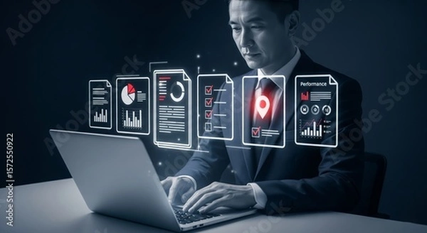 Obraz Holographic Digital Document Interface with Checklist and Analytics – Businessman Using Laptop in Dark Office