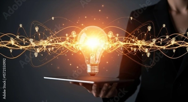 Obraz Innovation and Technology Concept – Glowing Light Bulb Above Tablet with Digital Light Trails