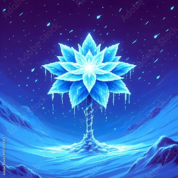 Fototapeta A pixel art scene of a single, magnificent flower at the peak of a snowy mountain, its petals made of intricate, glowing blue ice crystals. The flower emits a soft, cold, blue light.